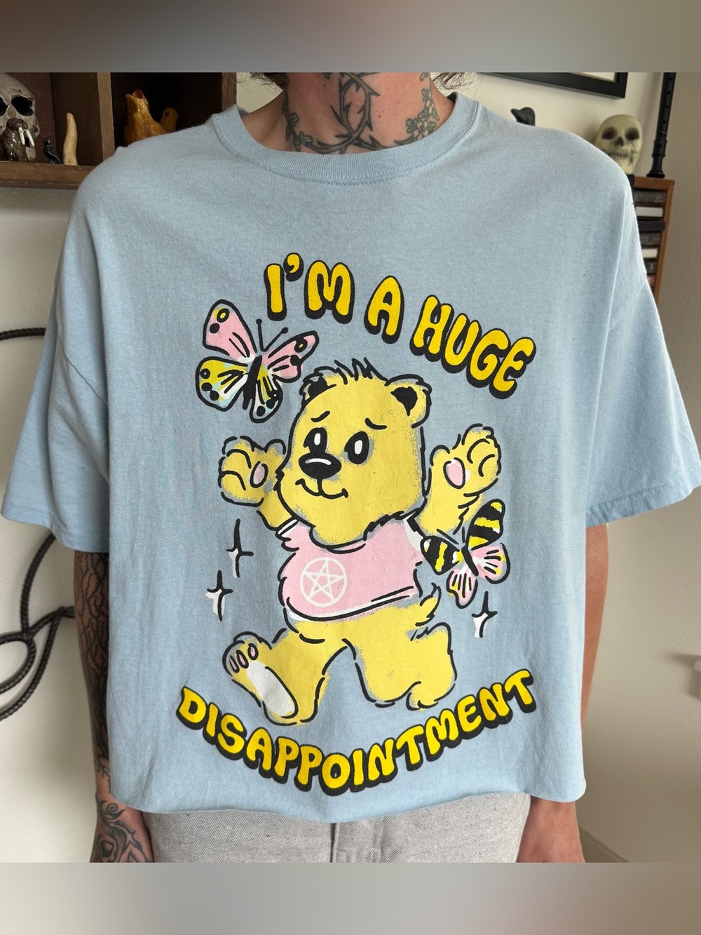 Novelty Cropped Pastel Teddy Bear Pentagram Butterfly Graphic Tee ~ Size Large